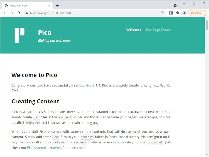 Pico maakt simpelweg een website van Markdown-bestanden in een map.