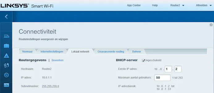 De tweede router bevindt zich in een ander subnet, met ingeschakelde DHCP-service.