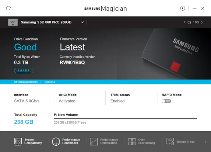 Met de Samsung Magician software kan je o.a. je SSD updaten, prestaties testen en levensduur in de gaten houden.