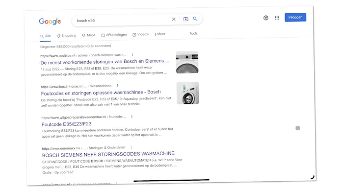 Google zoekresultaten wasmachine foutcode