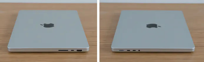 De aansluitingen op de MacBook Pro 14-inch 2023.