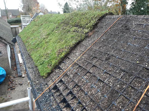 Sedum-matten in aanleg op een schuin dak.