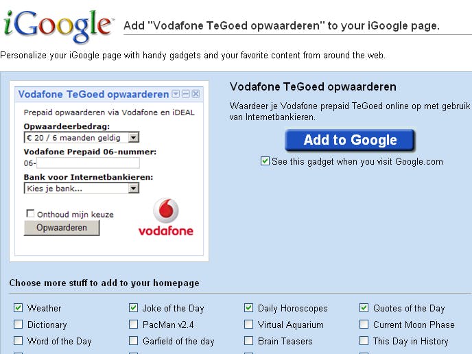 Vodafone komt met widget voor prepaid opwaarderen