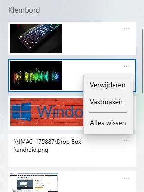 Ieder item in de klembordgeschiedenis kun je vastmaken en verwijderen.