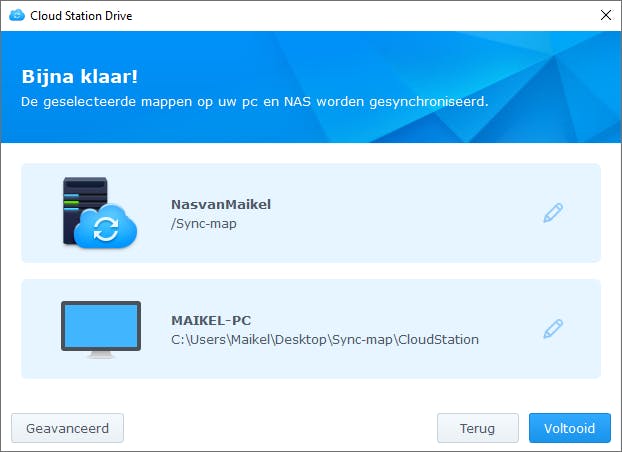 04 Geef op de nas en pc aan welke mappen je voor de synchronisatie wilt gebruiken.