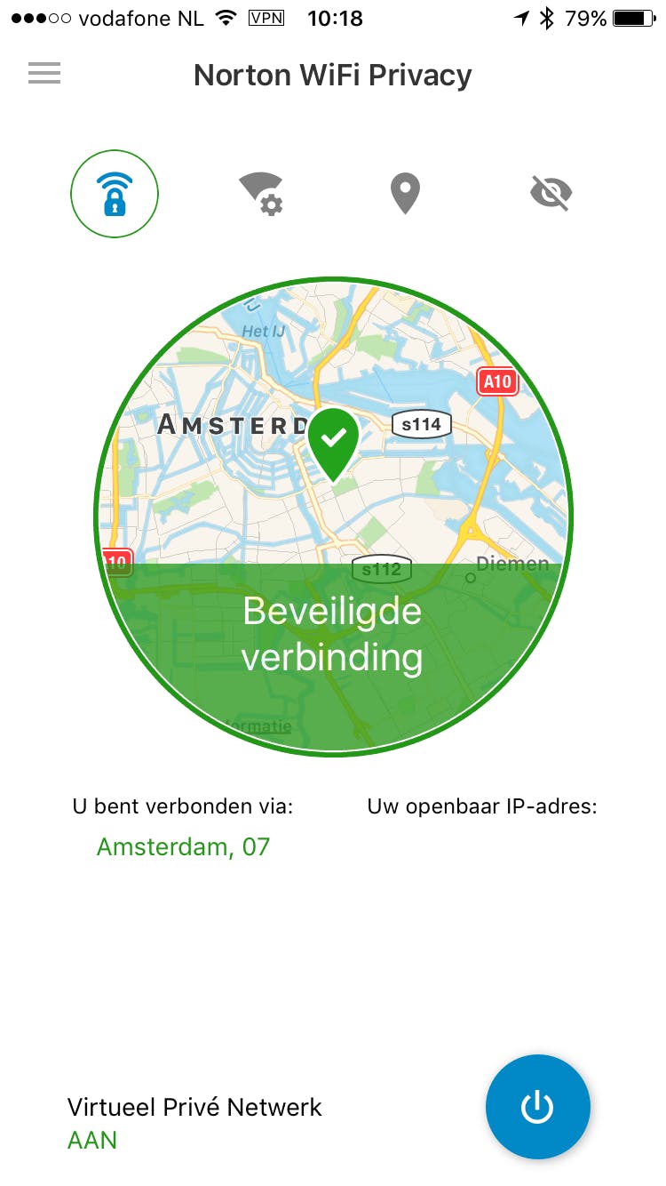 De installatie is gelukt en bovenaan het scherm is duidelijk te zien dat de verbinding via de VPN verloopt.