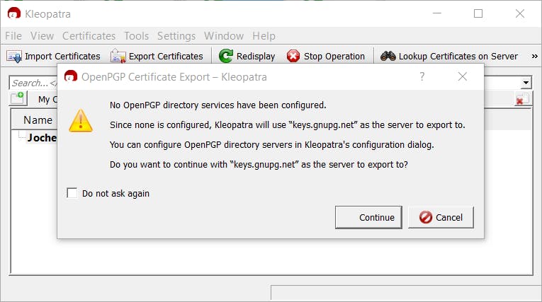 04 Klik op Continue om je certificaat naar de standaardserver te exporteren.