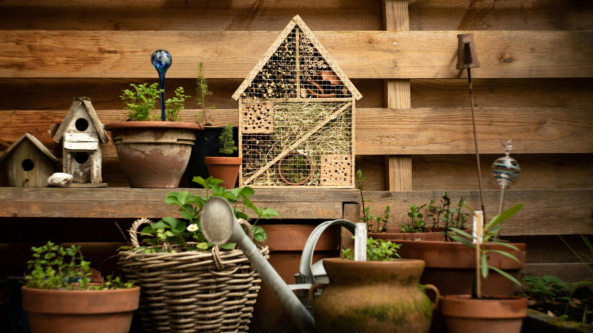 Insectenhuisje in de tuin op een bankje