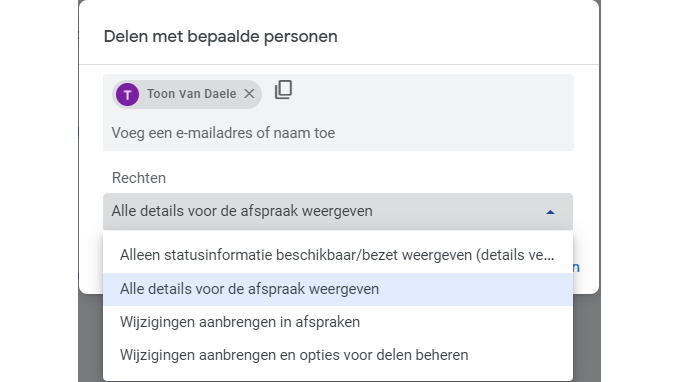 Je bepaalt zelf in hoeverre anderen je gedeelde agenda kunnen bekijken.
