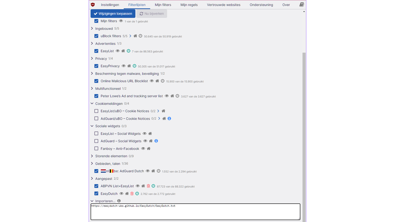 De toegevoegde filterlijsten vind je onderaan, inclusief het aantal trackers.