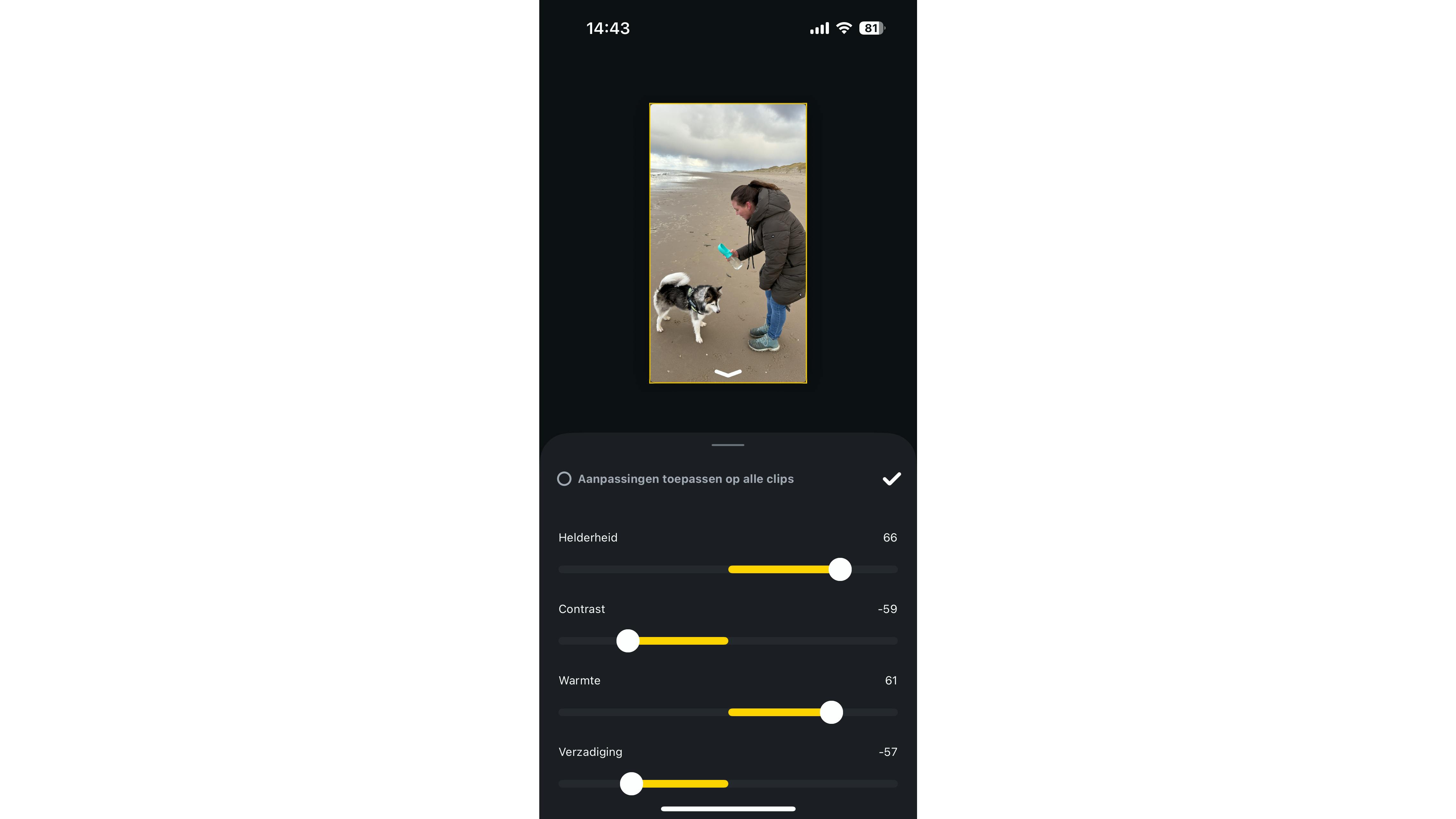Pas via diverse schuifknoppen het videobeeld naar eigen smaak aan.