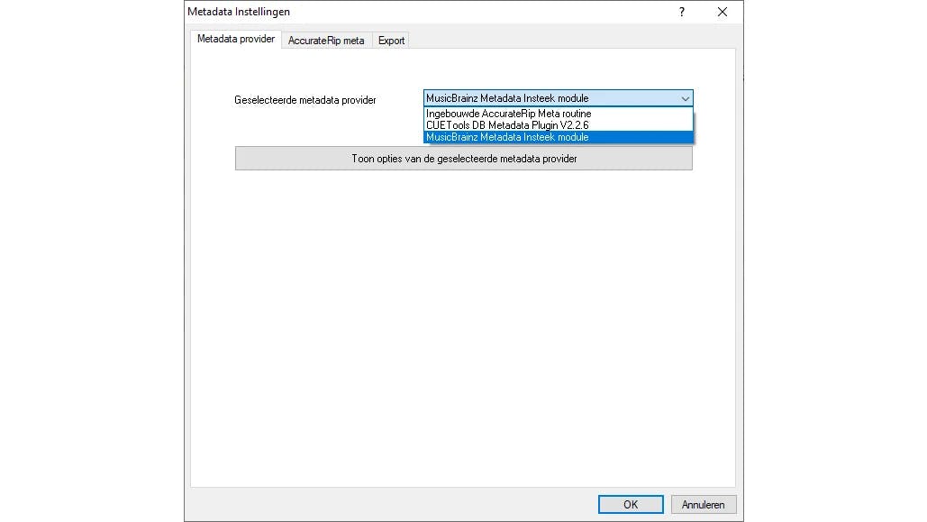 Wijs in de instellingen MusicBrainz als metadataprovider aan.
